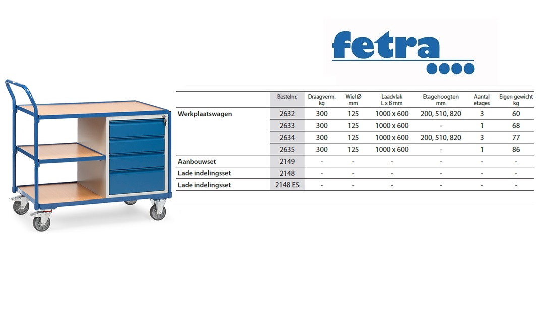 Fetra Lichte werkplaatswagens 2633 Laadvlak 1.000 x 600 mm | DKMTools - DKM Tools