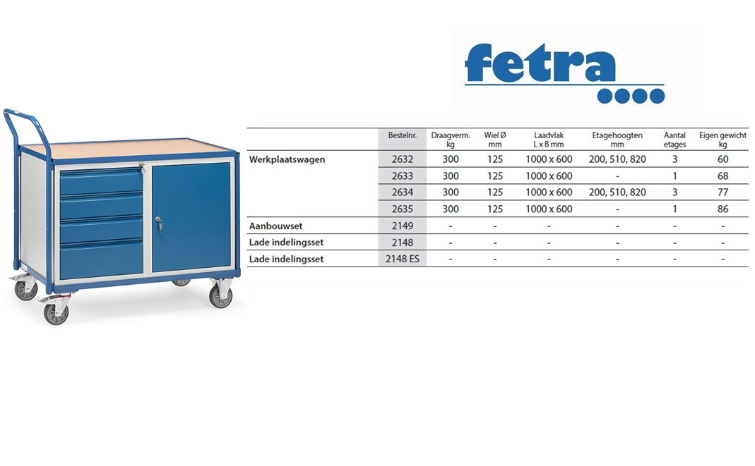 Fetra Lichte werkplaatswagens 2635 Laadvlak 1.000 x 600 mm