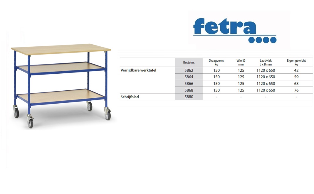 Verrijdbare werktafel 5864 t.b.v. laadvlak 1.120 x 650 mm Fetra | DKMTools - DKM Tools