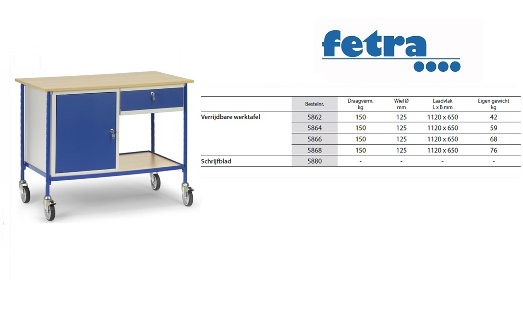 Verrijdbare werktafel 5866 t.b.v. laadvlak 1.120 x 650 mm Fetra