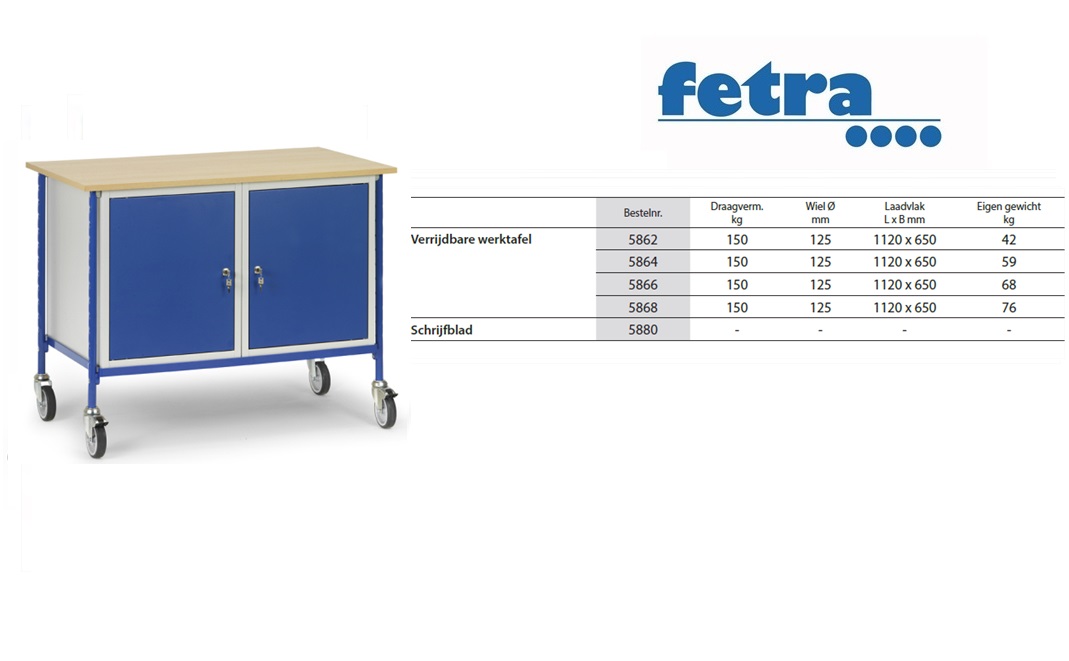 Verrijdbare werktafel 5868 t.b.v. laadvlak 1.120 x 650 mm Fetra