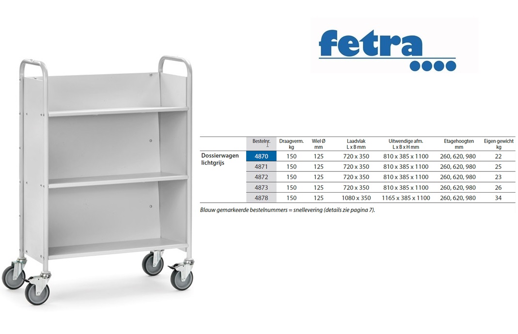 Fetra Dossierwagen met geneigde etages 4891 Laadvlak 770 x 320 mm - grijs -