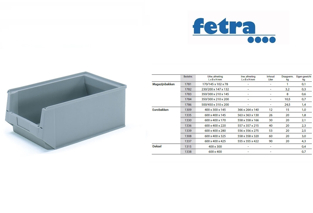 Fetra Magazijnbakken - 350/300 x 210 x 145 mm Grijs | DKMTools - DKM Tools
