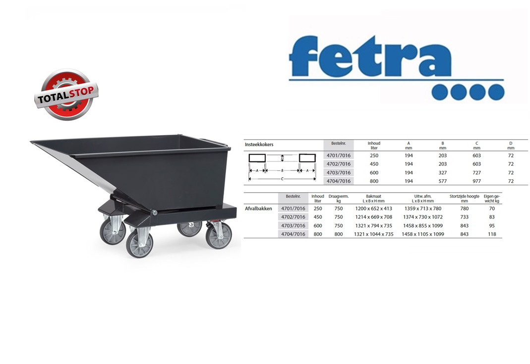 Fetra Stalen bakwagen 4701, antracietgrijs 250 Liter, 750 kg draagvermogen