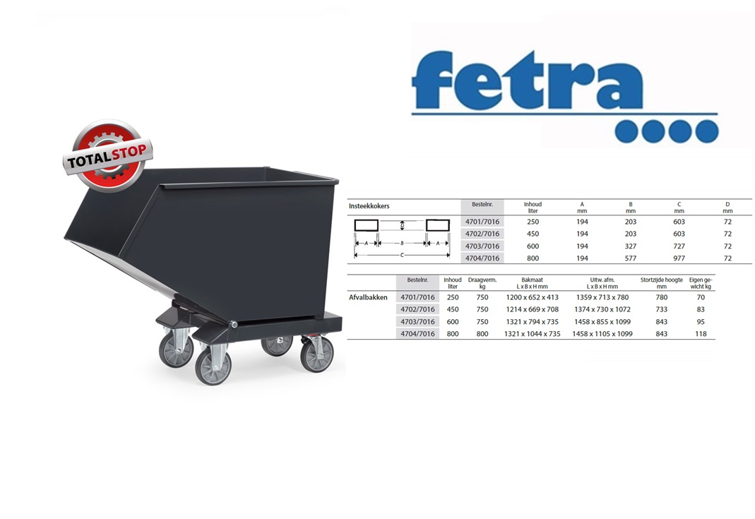 Fetra Stalen bakwagen 4702, antracietgrijs 450 Liter, 750 kg draagvermogen