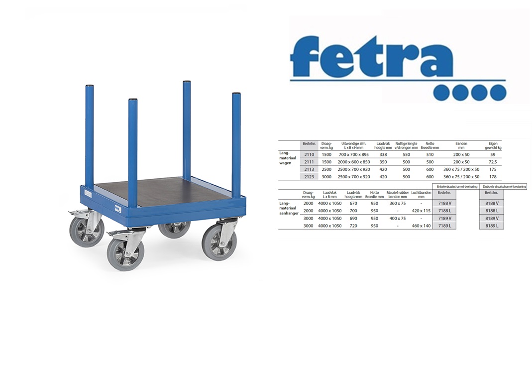 Fetra Langmateriaalwagen 2111 - 1.200 kg Laadvlak 2.000 x 600 mm | DKMTools - DKM Tools