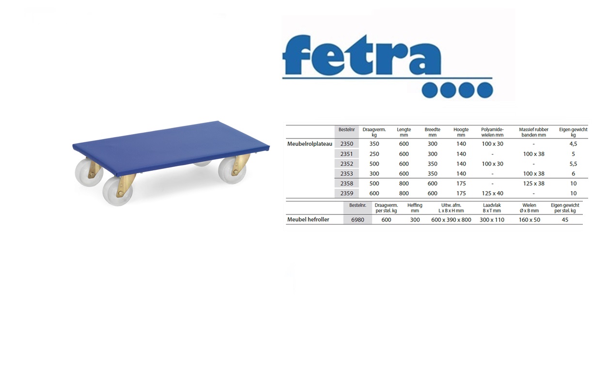 Fetra Meubelrolplateau 2350 Laadvlak 600 x 300 mm - polyamide