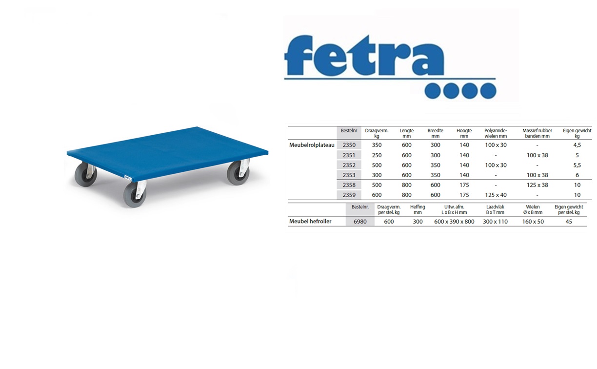 Fetra Meubelrolplateau 2358 Laadvlak 800 x 600 mm - massief streeploos rubber