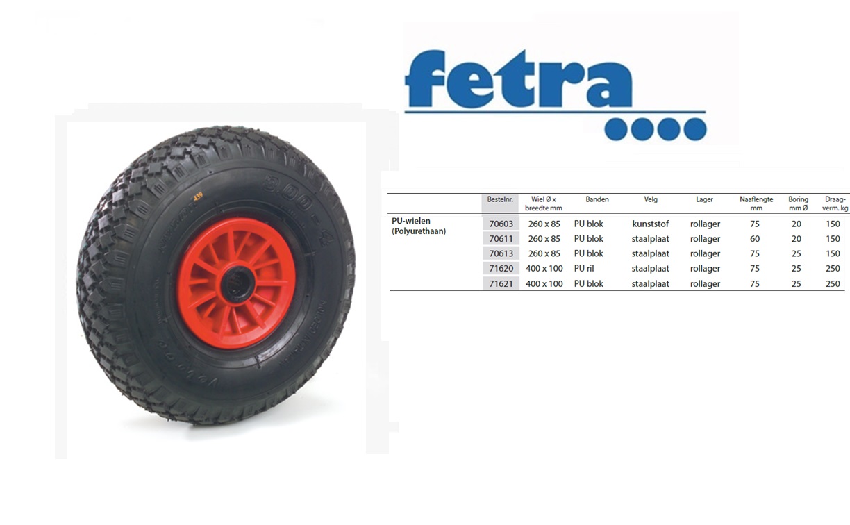 Fetra PU-geschuimd wiel 260 x 85 mm Kunststof velg rood, NL 75, asgat 20