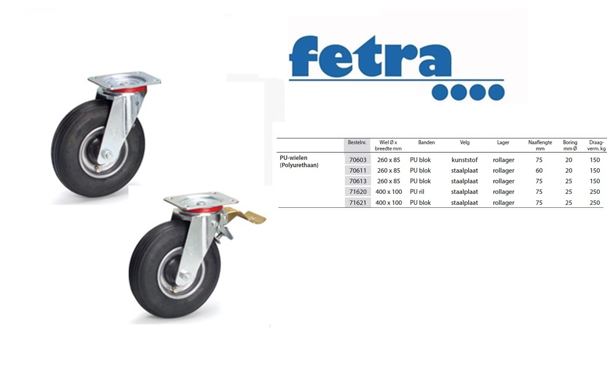 Fetra Zwenkwiel met rem 125 x 38 mm Massief streeploos rubber | DKMTools - DKM Tools