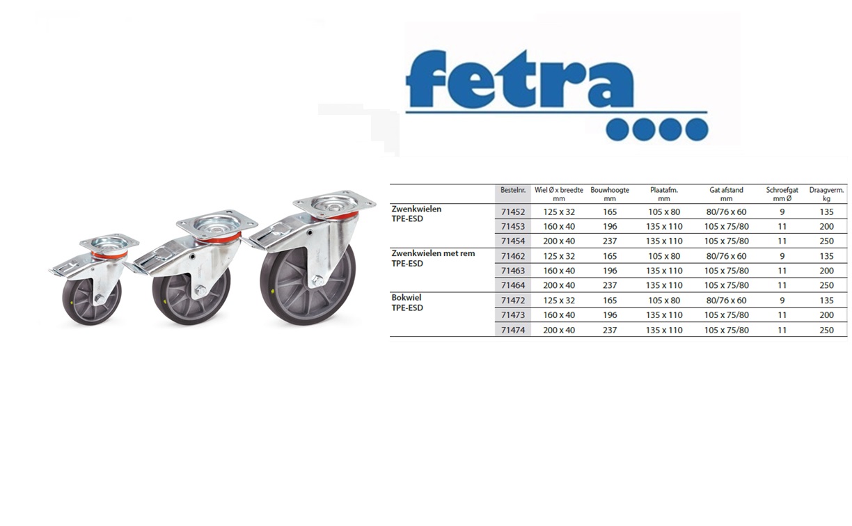 Fetra Zwenkwiel met rem 125 x 32 mm TPE Elektrostatisch geleidend