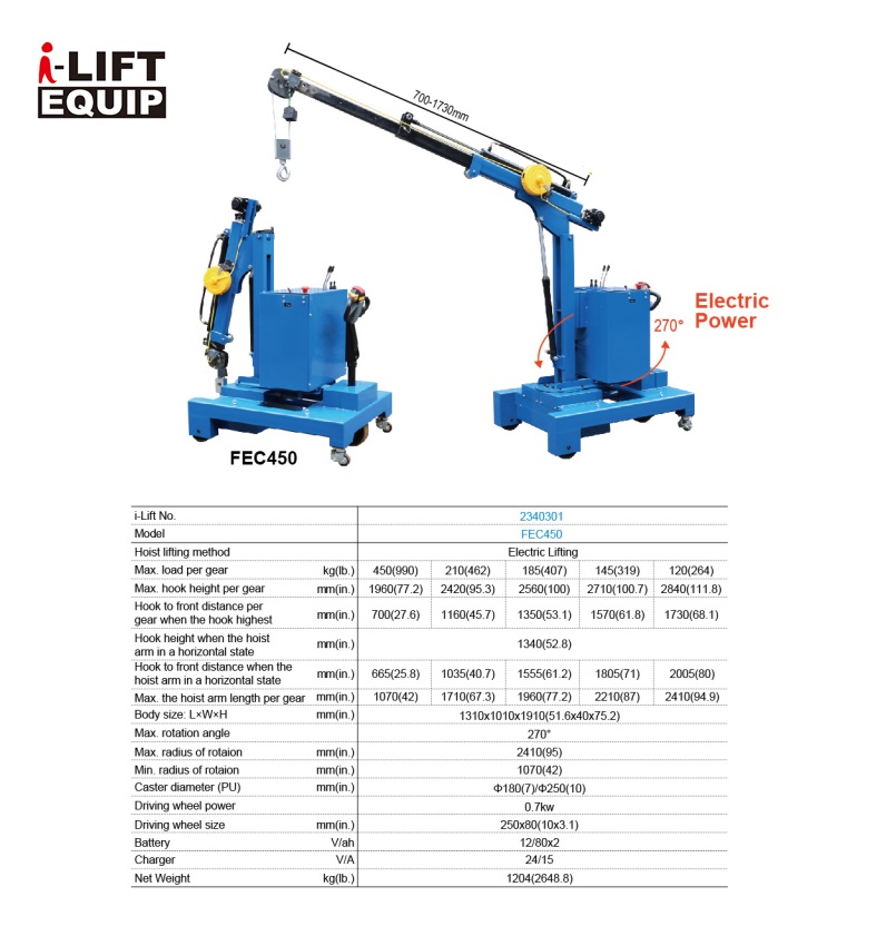 Volledig elektrische hydraulische hijskraan Capacity: 450kg