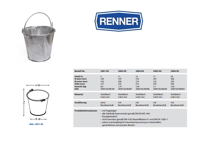 Zinken emmer 5 ltr. Ø 230 / 163, Hoogte 215 (mm)