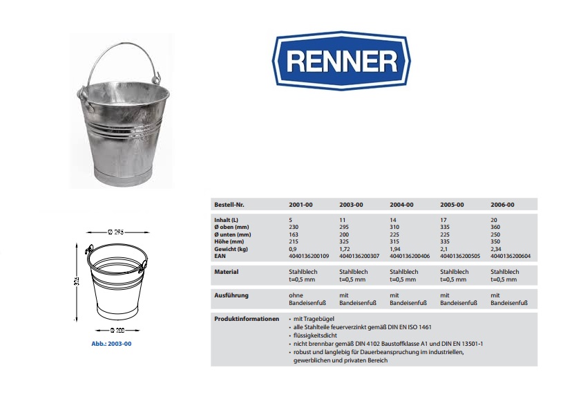 Zinken emmer 11 ltr. Ø 295 / 200, Hoogte 325 (mm)