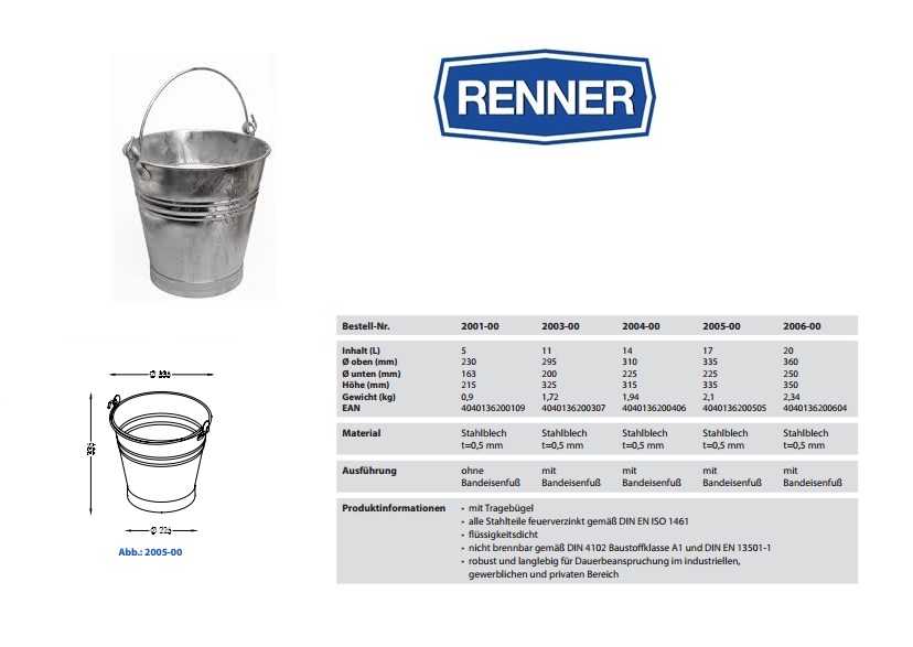 Zinken emmer 17 ltr. Ø 335 / 225, Hoogte 335 (mm)