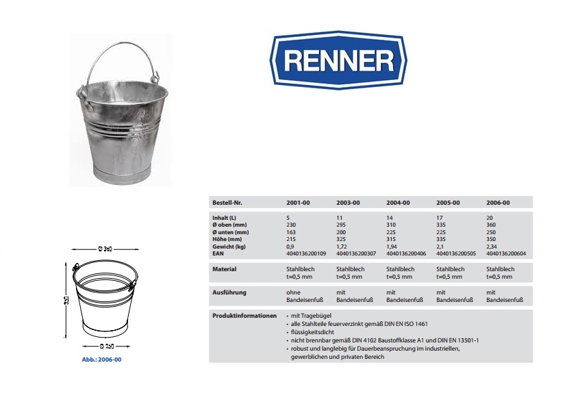 Zinken emmer 20 ltr. Ø 360 / 250, Hoogte 350 (mm)