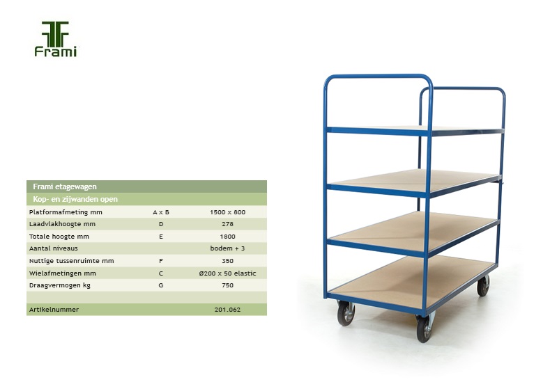 Etagewagen 1500x800mm Kop- en zijwanden open