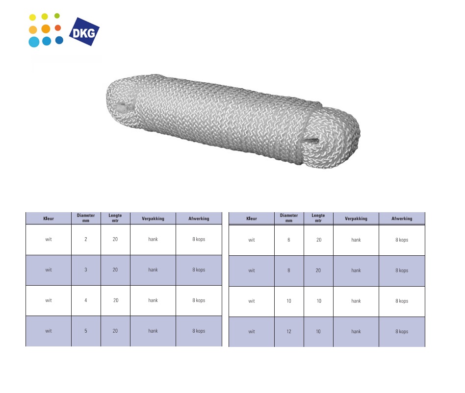 Gevlochten koord wit 2 mm 20 mtr Bundel