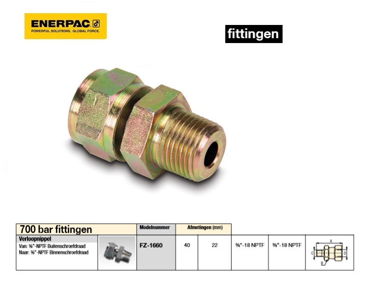 Verloopnippel Van 3/8”-NPTF Buitenschroefdraad Naar 3/8”-NPTF Binnenschroefdraad