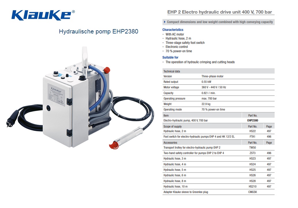 Klauke Hydraulische pomp EHP 2/380