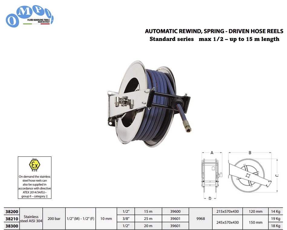 Veer aangedreven slanghaspel (AISI 304) Standaard series