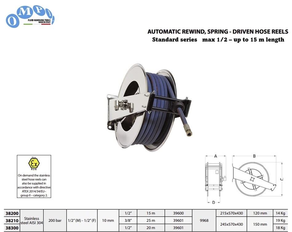 Veer aangedreven slanghaspel (AISI 304) Standaard series