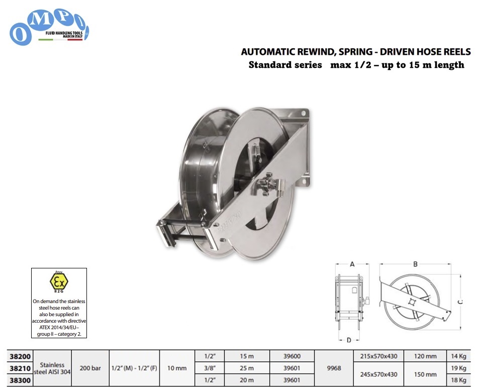 Veer aangedreven slanghaspel (AISI 304) Standaard series