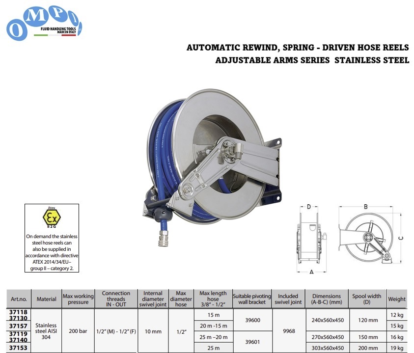 Veeraangedreven slanghaspel (AISI 304) Verstelbare armen series