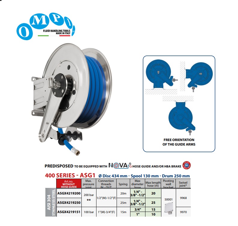 Automatische slanghaspel (AISI 304) 10 mt Ø1