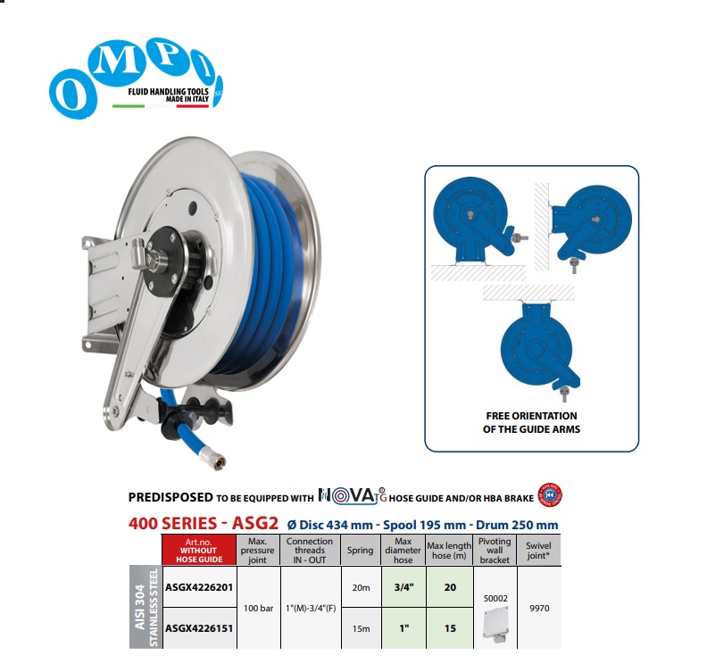 Automatische slanghaspel (AISI 304) 20 mt Ø3/4
