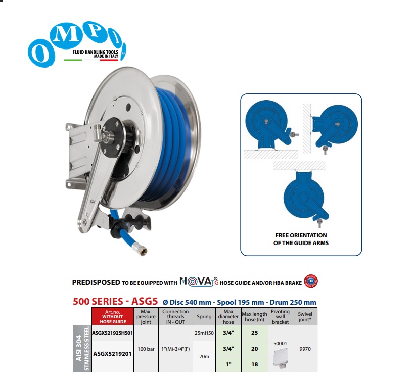 Automatische slanghaspel (AISI 304) 25 mt Ø3/4