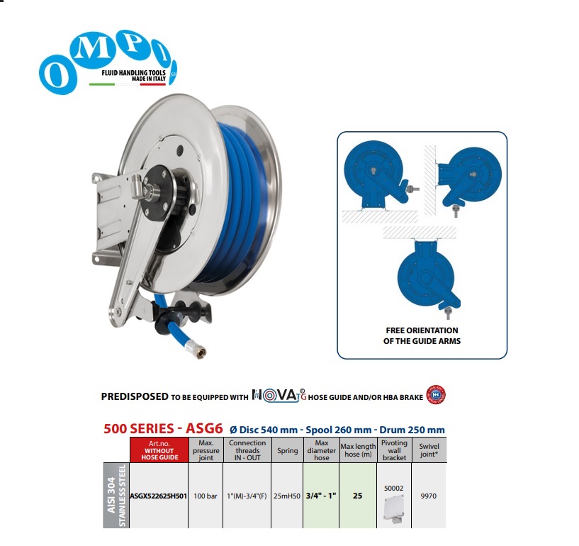 Automatische slanghaspel (AISI 304) 25 mt Ø1
