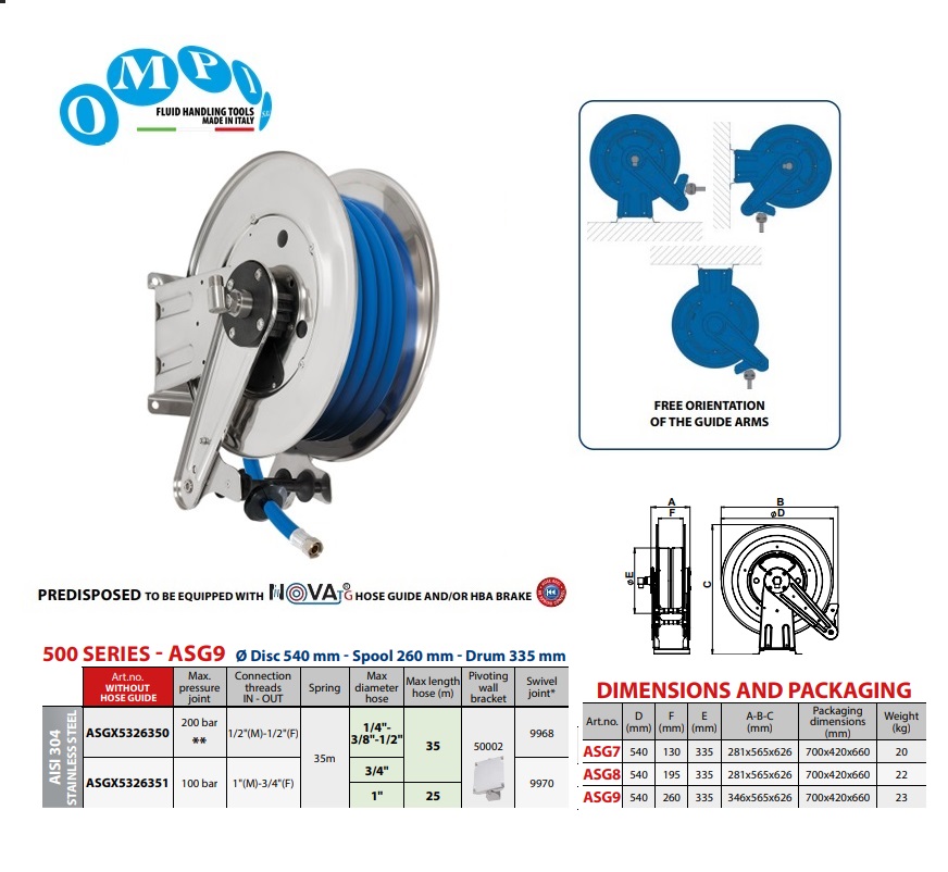 Automatische slanghaspel (AISI 304) 35 mt Ø1/2