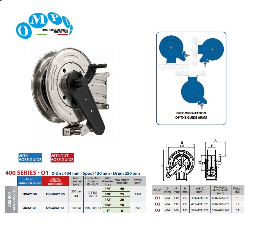 Handmatige slanghaspel (AISI 304) ORION RD 20 mt Ø1/2