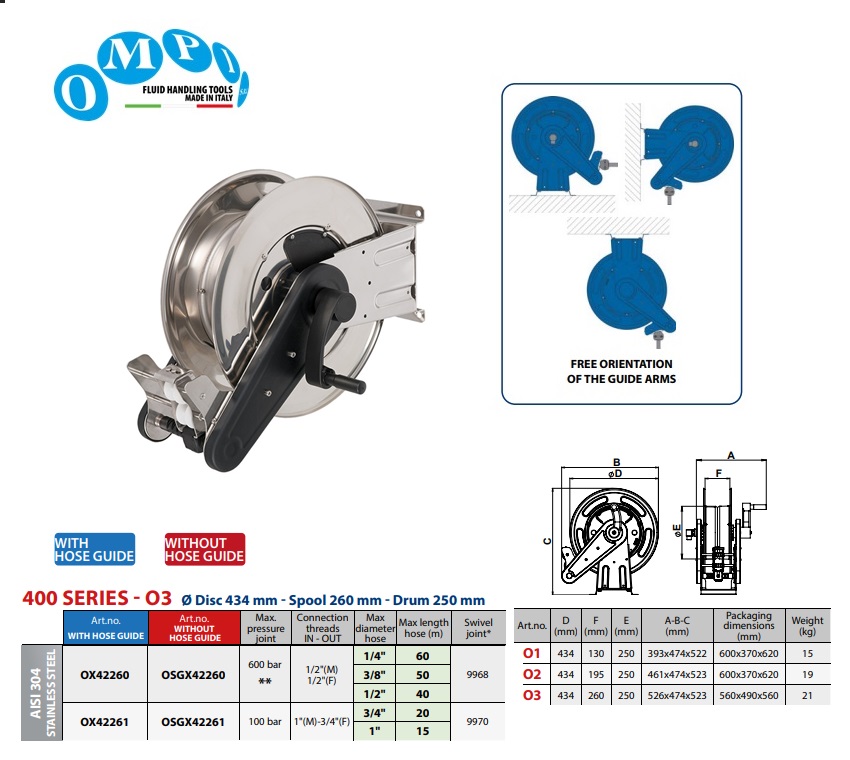 Handmatige slanghaspel (AISI 304) ORION RD 40 mt Ø1/2