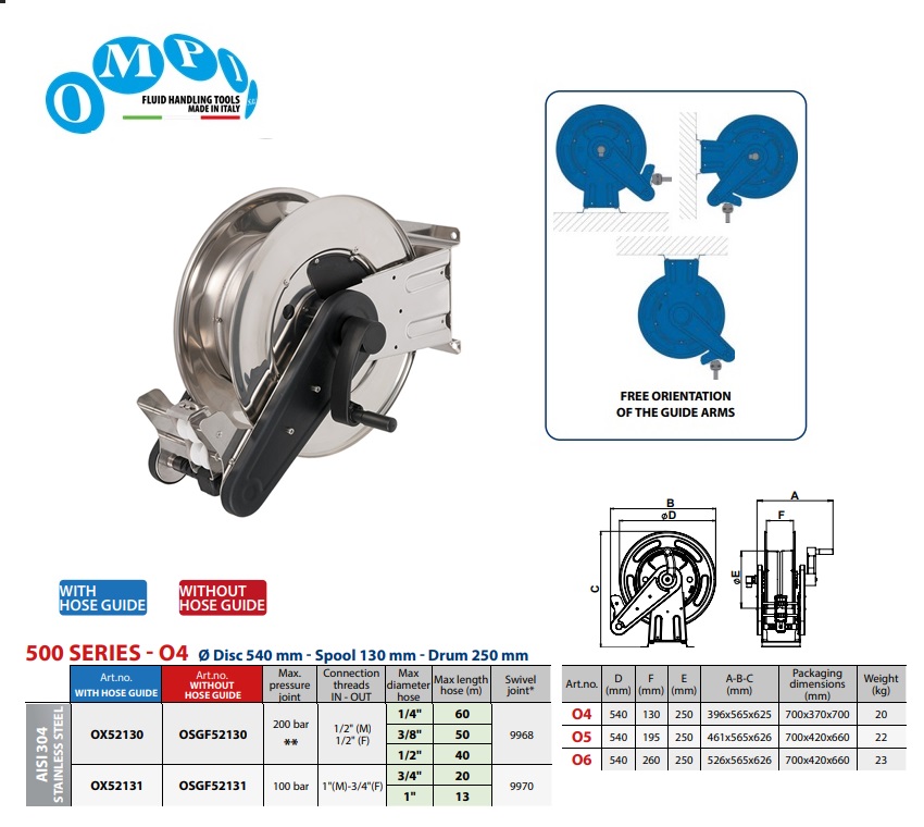 Handmatige slanghaspel (AISI 304) ORION RD 40 mt Ø1/2