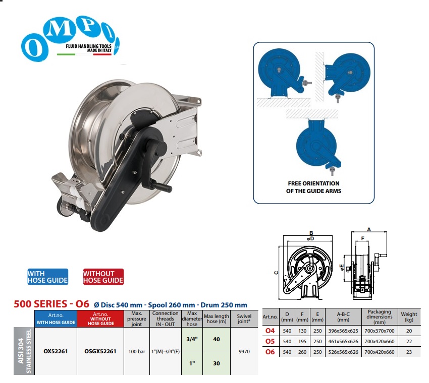 Handmatige slanghaspel (AISI 304) ORION RD 30 mt Ø1