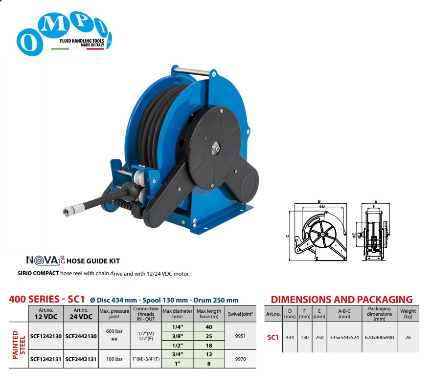 Electrisch aangedreven slanghaspel SIRIO COMPACT 12 VDC 18 mt Ø1/2