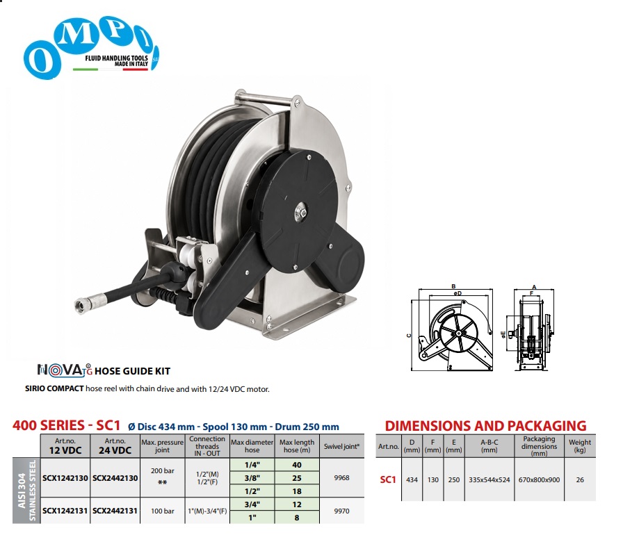 Electrisch aangedreven slanghaspel (AISI 304) SIRIO COMPACT 12 VDC 18 mt Ø1/2