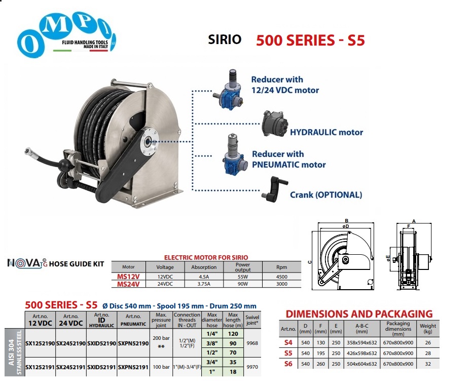 Electrisch aangedreven slanghaspel (AISI 304) SIRIO 12 VDC 70 mt Ø1/2