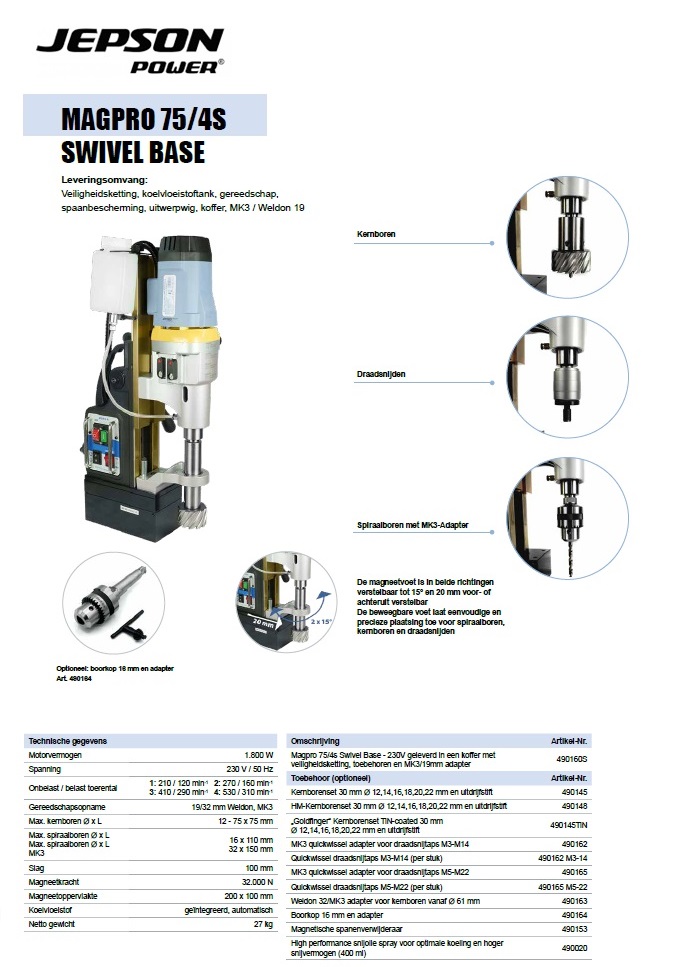 Magneetboormachine MAGPRO 75/4S Swivel Base