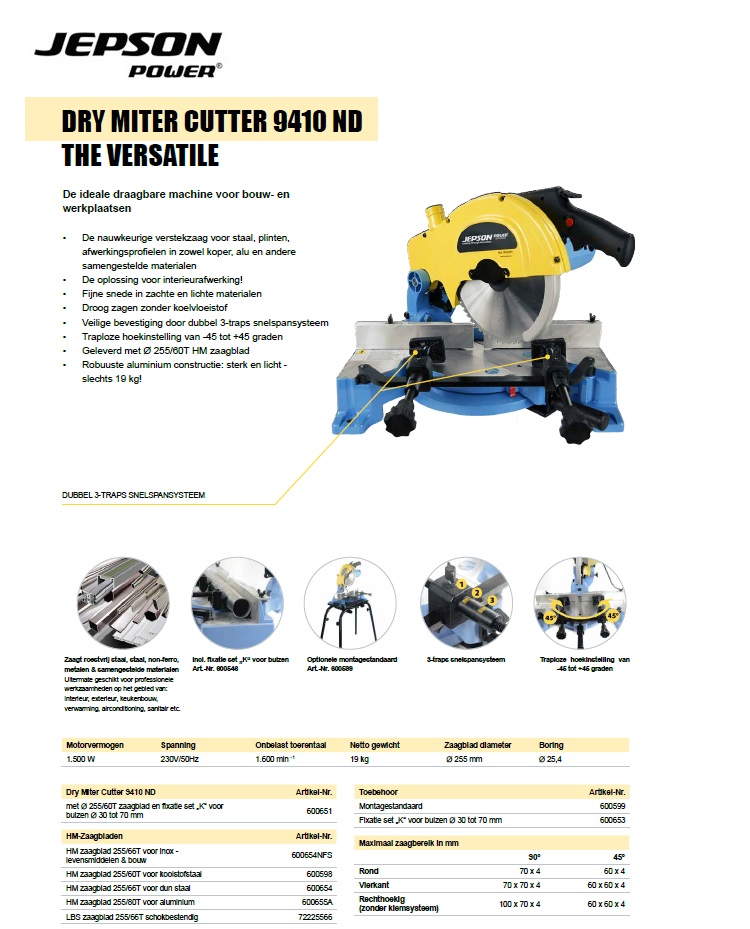 Dry miter cutter 9410ND incl. 255/60T zaagblad