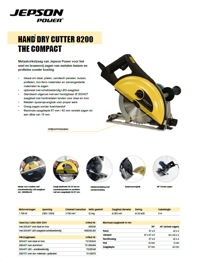 Hand dry cutter 8200 + zaagblad 203/42T Inox