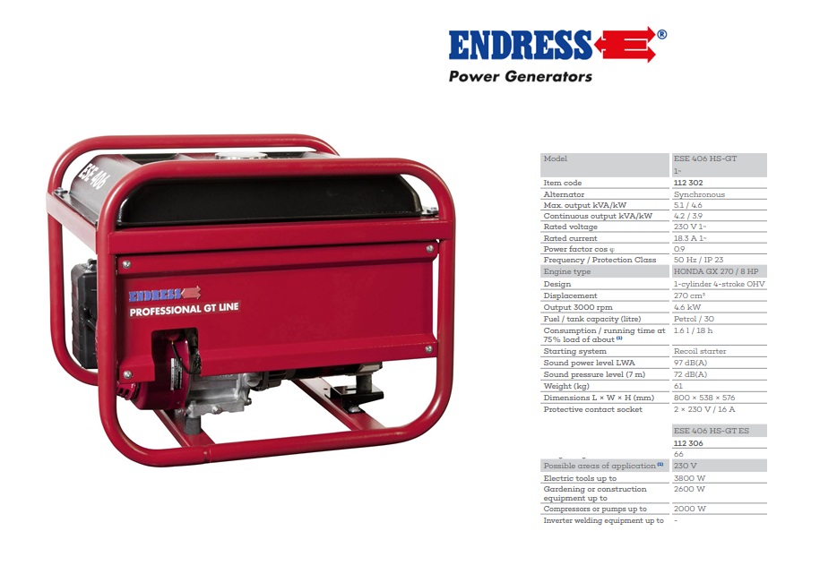 Stroomgenerator ESE 306 HS-GT 2,9 kVA / 2,6 kW synchroon IP23 2x230V | DKMTools - DKM Tools