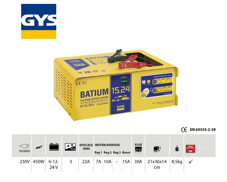 Acculader BATIUM 15-24 6/12/24V / 35-225AH laadstroom 22/7-10-15 max.450W/230V