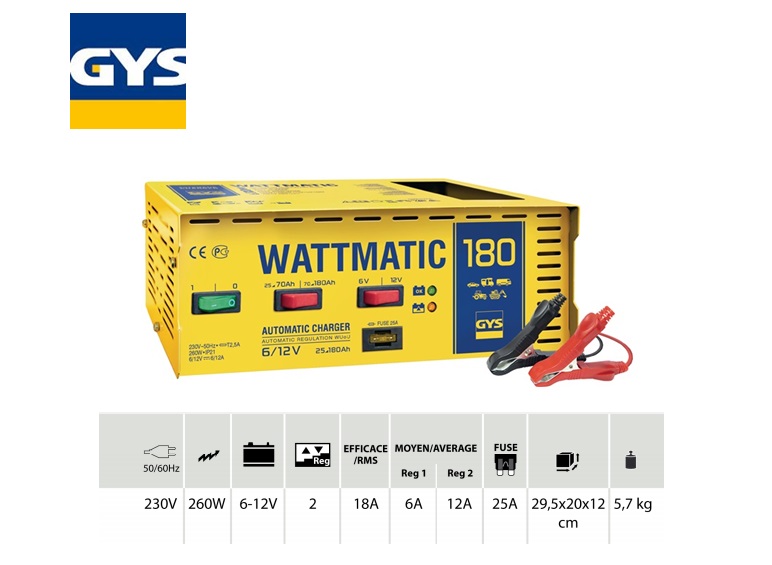 Acculader Wattmatic 180 6 - 12V 1: 6A / 2: 12A 25 - 180 Ah 230V, 260W