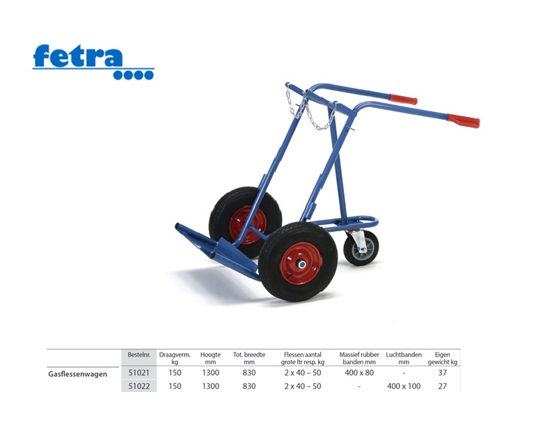 Gasflessenwagen met steunwiel 1x 30/40/50 liter, luchtband