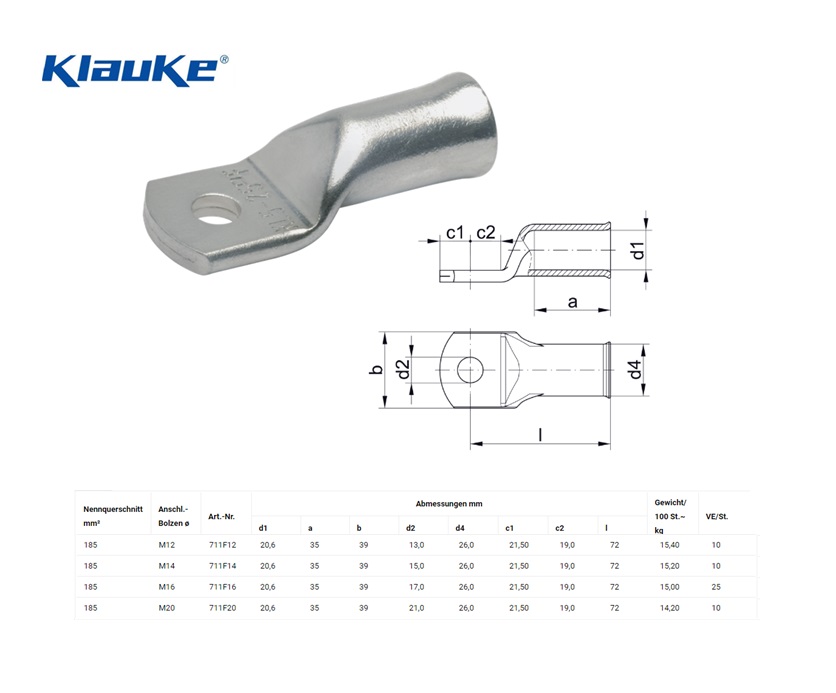 Klauke Kabelschoen laskabel 185 qmm 711F/12