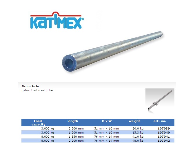 Katimex Trommel-as voor trommels tot 3.000 kg (2200mm) Ø 51 mm