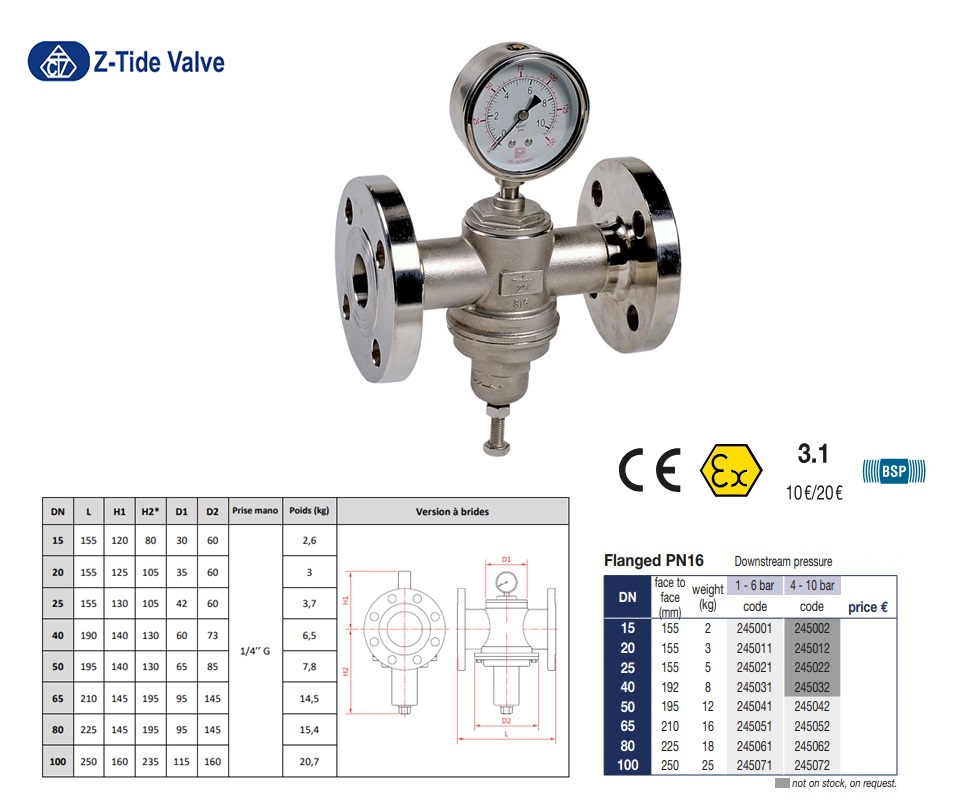 Drukreduceerventiel RVS PRV PN16 DN15 1-6Bar